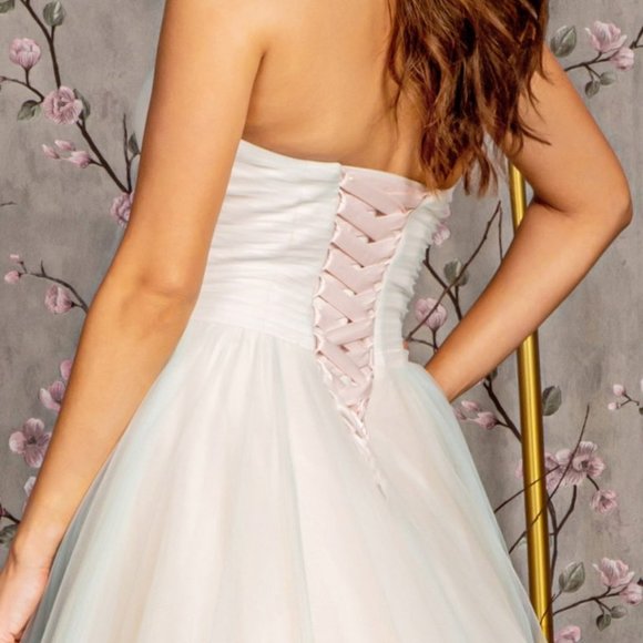 NEW LONG FORMAL SLEEVELESS STRAPLESS MESH BALL GOWN WITH LACE UP BACK GL3244 - Picture 9 of 12